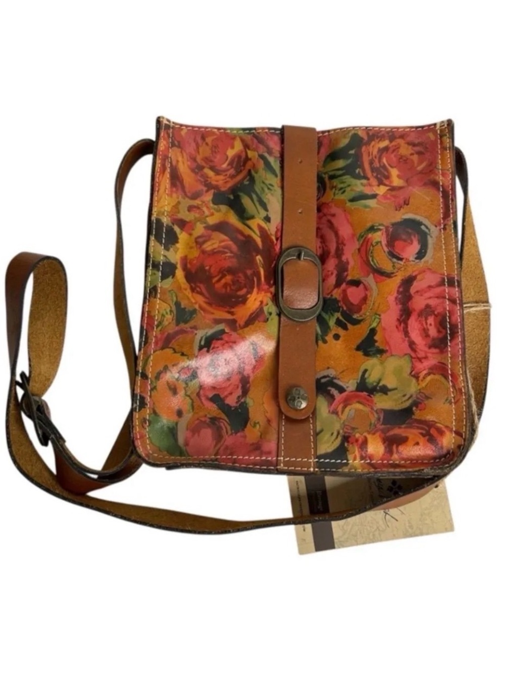 Patricia Nash Floral Leather Crossbody in Brown, Pink and Green